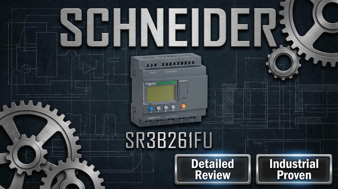 Schneider Electric SR3B261FU modular smart relay with LCD display mounted on DIN rail in industrial control panel