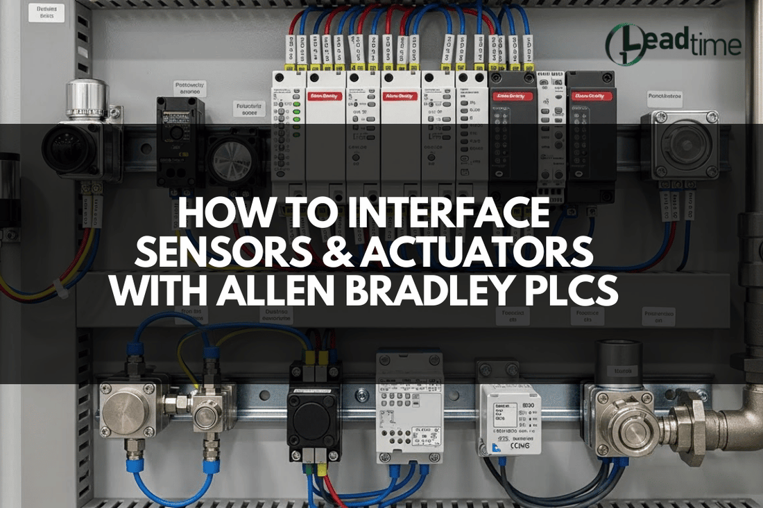 Allen Bradley PLC panel with connected industrial sensors and actuators in a manufacturing control system