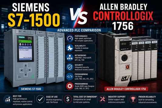 Siemens SIMATIC S7-1500 and Allen-Bradley ControlLogix 1756 PLC modules side by side for advanced automation platform comparison