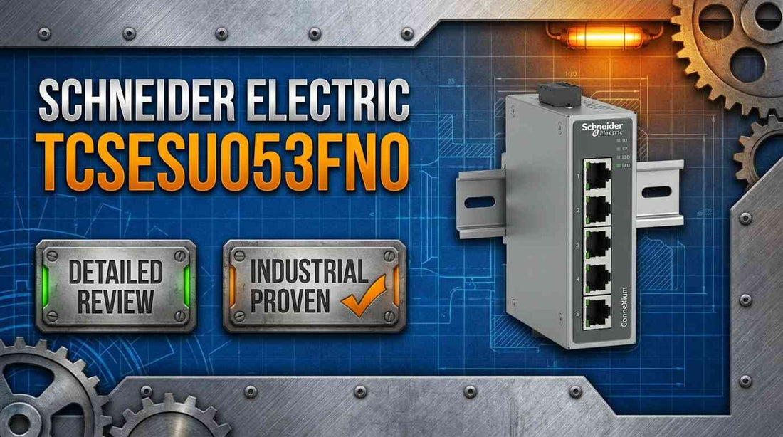 Schneider Electric TCSESU053FN0 ConneXium 5-port copper unmanaged switch mounted on DIN-rail in industrial control cabinet