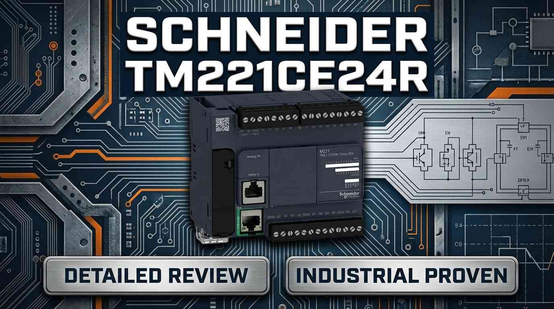 Schneider Electric TM221CE24R Modicon M221 compact relay PLC with Ethernet mounted on DIN rail in industrial control panel
