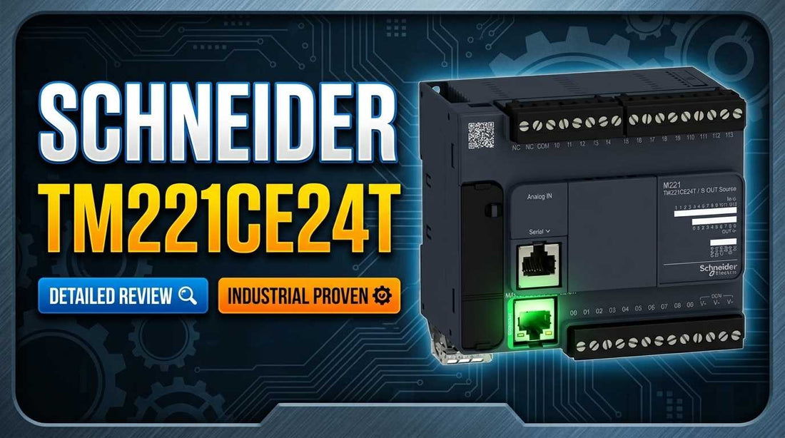 Schneider TM221CE24T Modicon M221 24 IO PNP transistor Ethernet logic controller on DIN rail in industrial panel