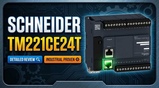 Schneider TM221CE24T Modicon M221 24 IO PNP transistor Ethernet logic controller on DIN rail in industrial panel