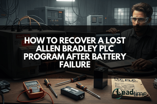 Technician using Studio 5000 software to recover Allen Bradley PLC program in industrial automation setup