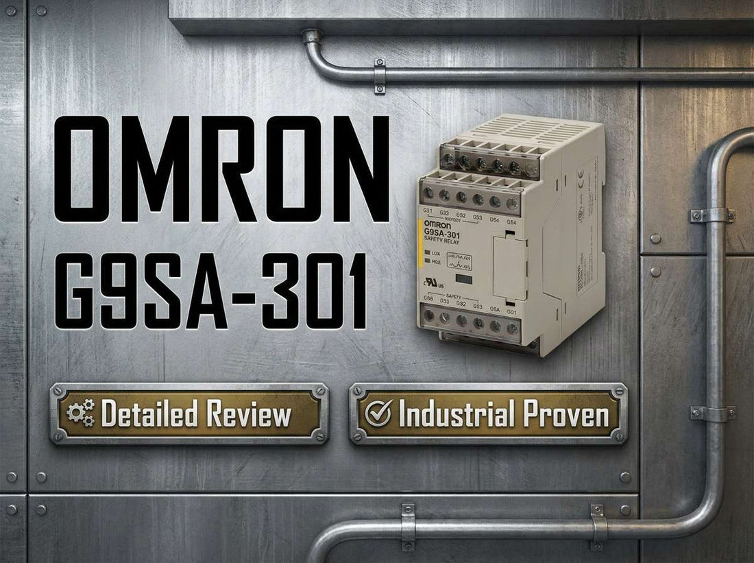 Omron G9SA-301 safety relay unit mounted on DIN rail for E-stop and safety door monitoring in industrial panel