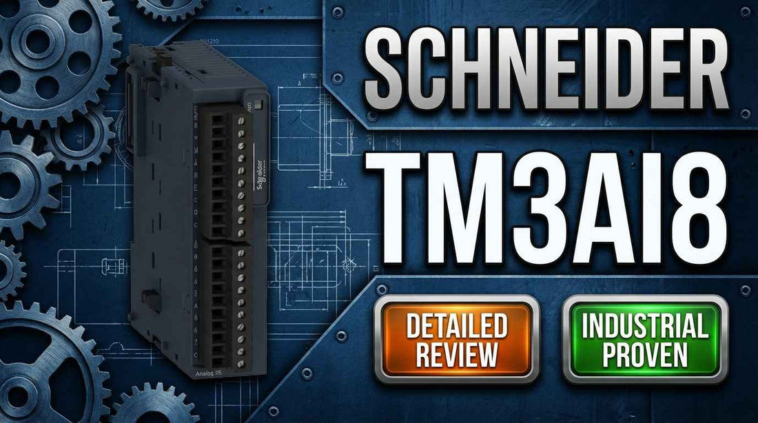 Schneider Electric TM3AI8 8-channel analog input expansion module mounted on DIN rail for Modicon M241 PLC system