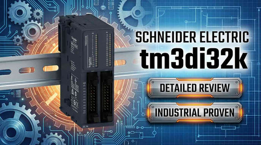 Schneider Electric TM3DI32K 32-input discrete module HE10 connector mounted on DIN rail in industrial control panel
