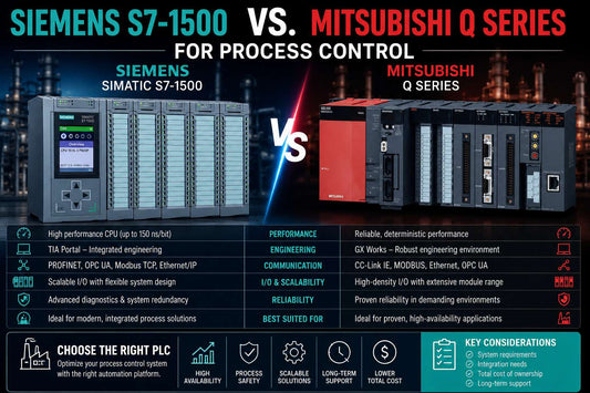 Siemens SIMATIC S7-1500 and Mitsubishi MELSEC-Q Series modular PLCs compared for industrial process control applications