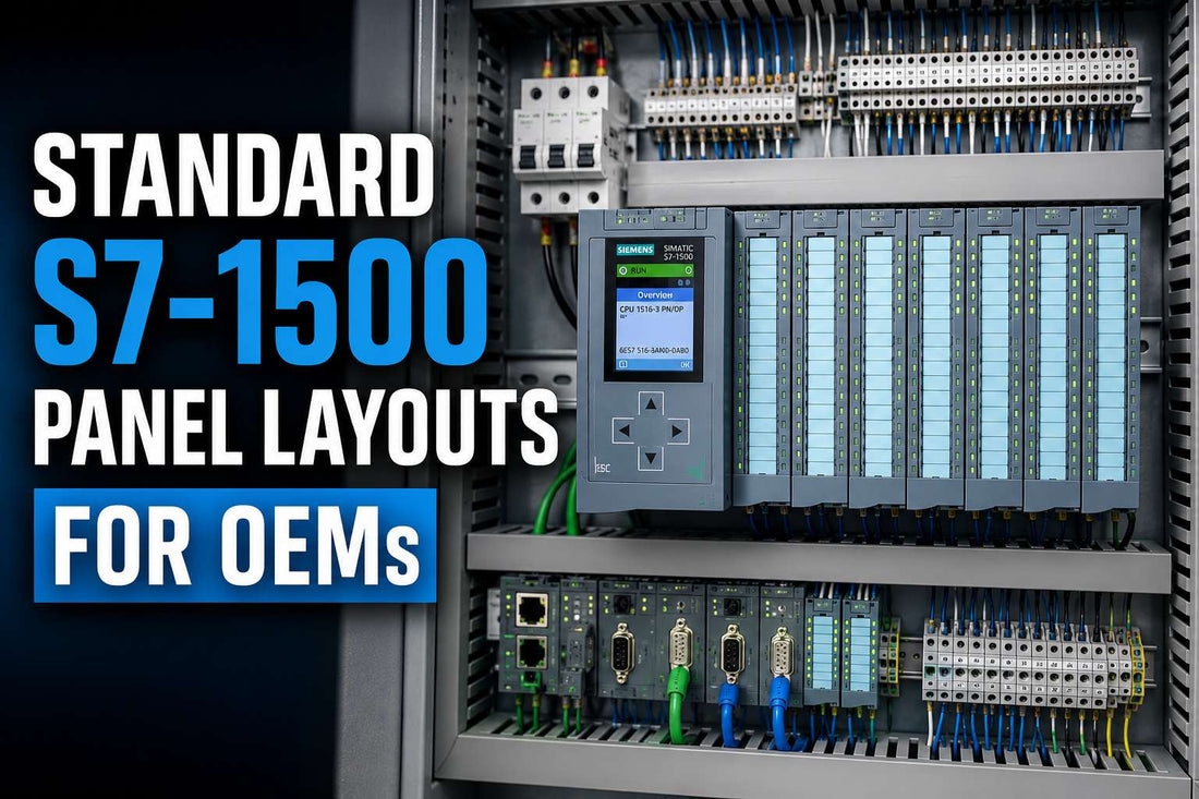 Siemens SIMATIC S7-1500 PLC modules mounted on DIN rail in OEM control cabinet panel layout