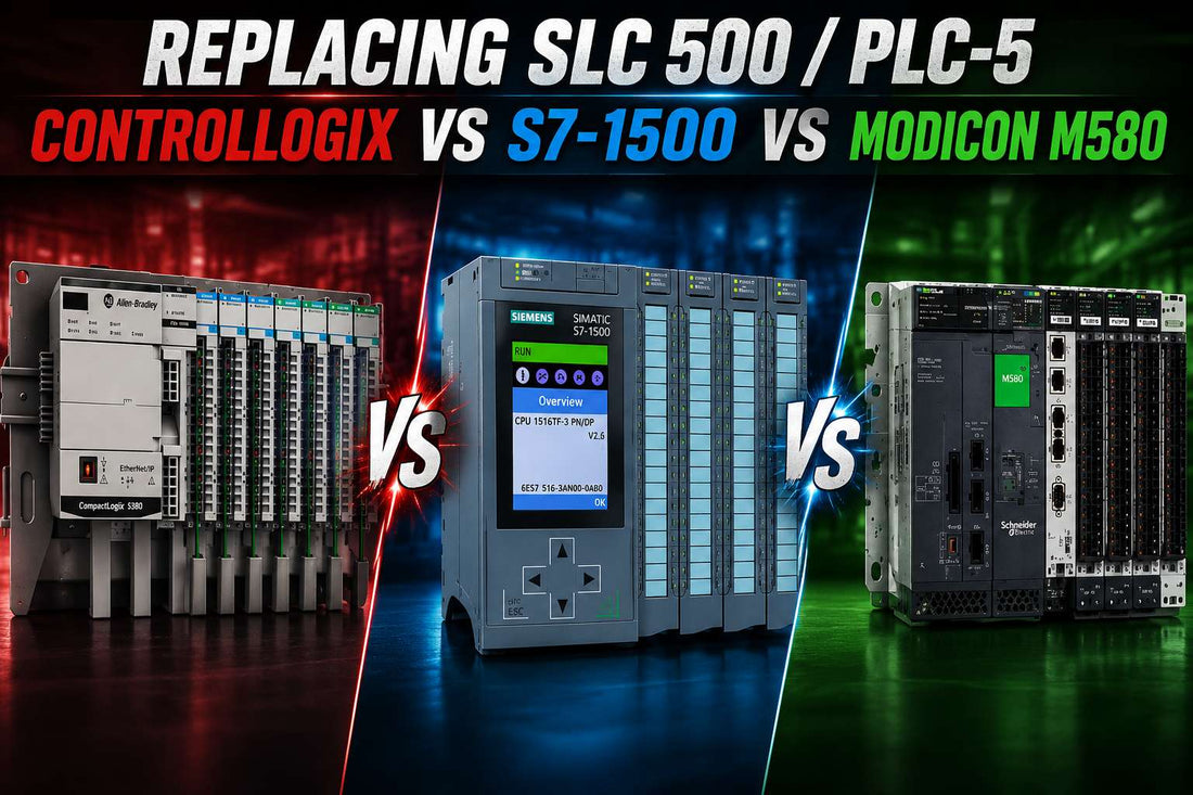 SLC 500 and PLC-5 legacy controllers side by side with ControlLogix, S7-1500 and Modicon M580 PAC platforms for migration comparison