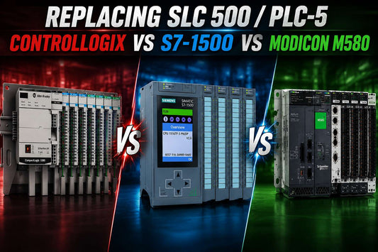 SLC 500 and PLC-5 legacy controllers side by side with ControlLogix, S7-1500 and Modicon M580 PAC platforms for migration comparison