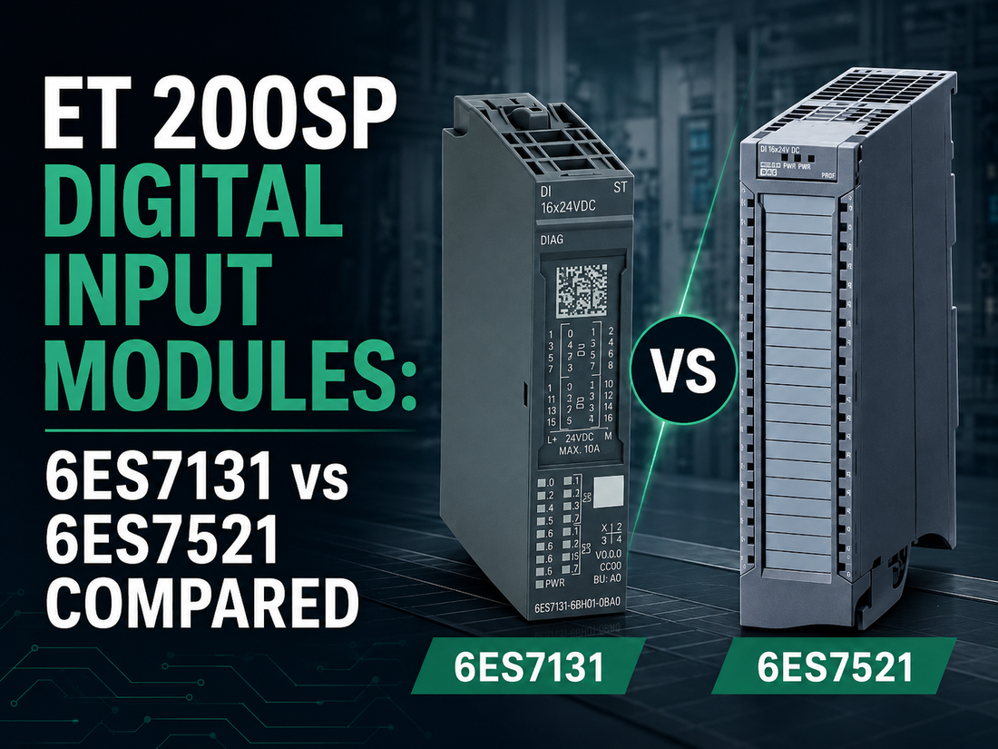Siemens SIMATIC ET 200SP 6ES7131 digital input slice modules mounted on base units alongside S7-1500 6ES7521 DI rack module for comparison
