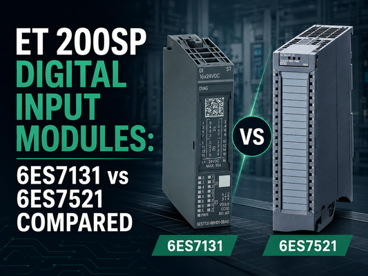 Siemens SIMATIC ET 200SP 6ES7131 digital input slice modules mounted on base units alongside S7-1500 6ES7521 DI rack module for comparison