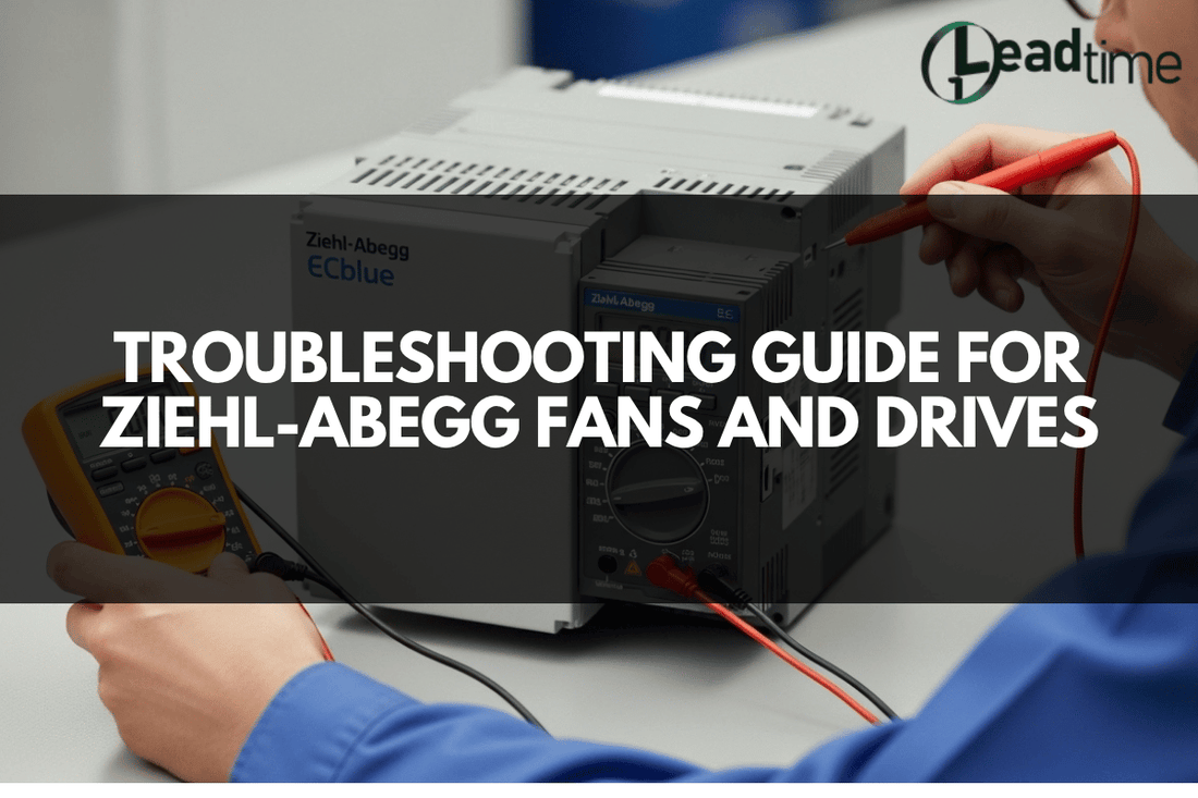 Technician troubleshooting a Ziehl-Abegg ECblue fan drive with a multimeter, verifying power, control signals, and fault codes