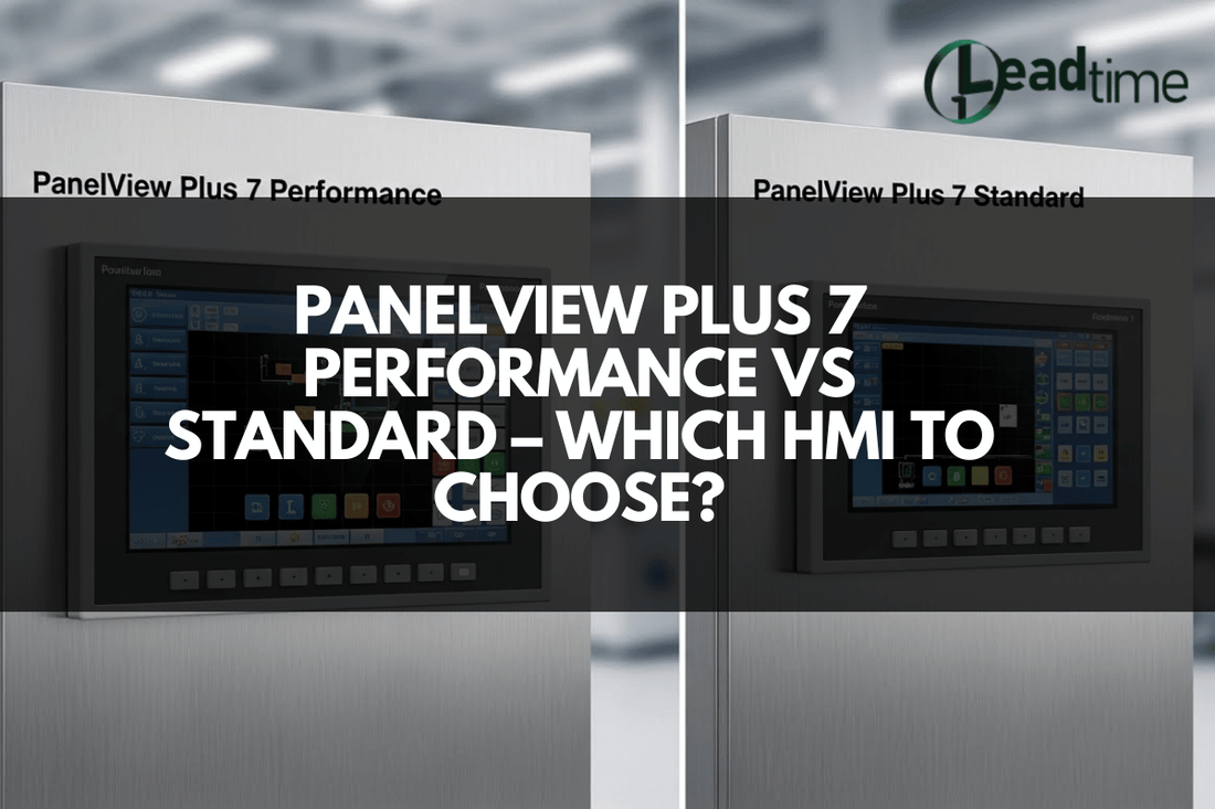 Allen Bradley PanelView Plus 7 HMI in industrial control panel showing performance and standard model comparison