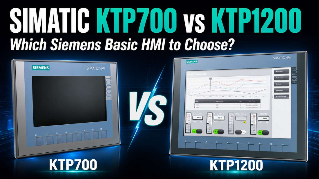 Siemens SIMATIC HMI KTP700 Basic and KTP1200 Basic widescreen TFT operator panels side by side for machine-level HMI comparison