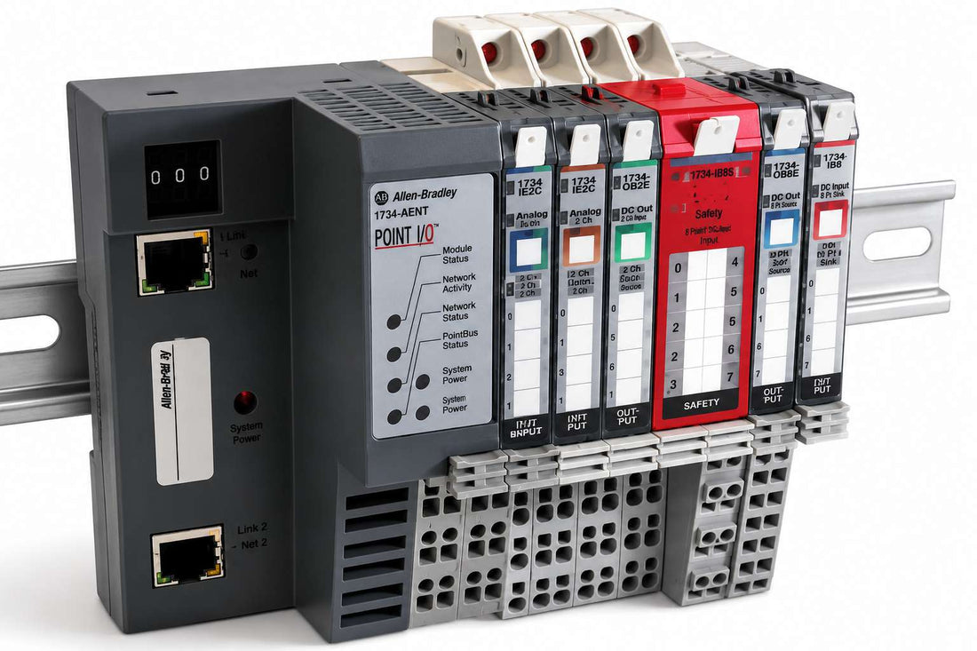 Allen-Bradley 1734 POINT I/O modular system with 1734-AENTR adapter and terminal bases mounted on DIN rail in industrial panel