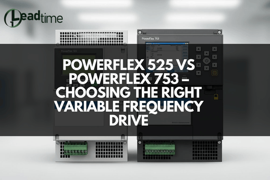 PowerFlex 525 and PowerFlex 753 Allen Bradley variable frequency drives side by side on industrial control panel