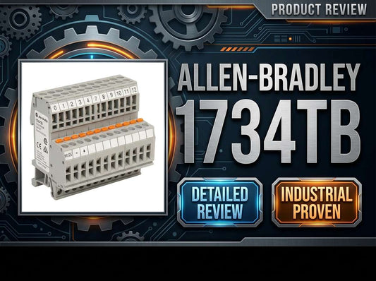 Allen-Bradley 1734-TB POINT I/O screw-clamp terminal base assembly mounted on 35mm DIN rail in industrial control panel