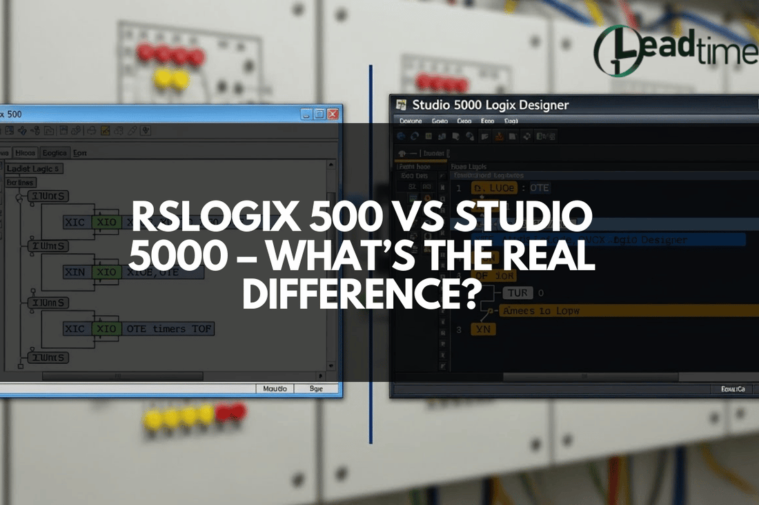 Allen Bradley RSLogix 500 and Studio 5000 software interfaces on industrial control panel screens