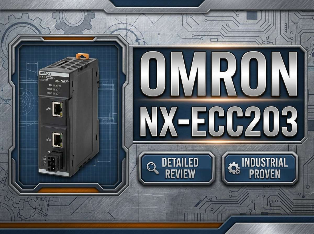 Omron NX-ECC203 NX-series EtherCAT coupler unit mounted on DIN rail in industrial control panel