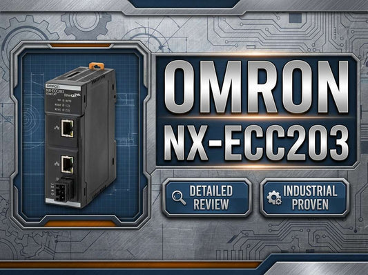 Omron NX-ECC203 NX-series EtherCAT coupler unit mounted on DIN rail in industrial control panel