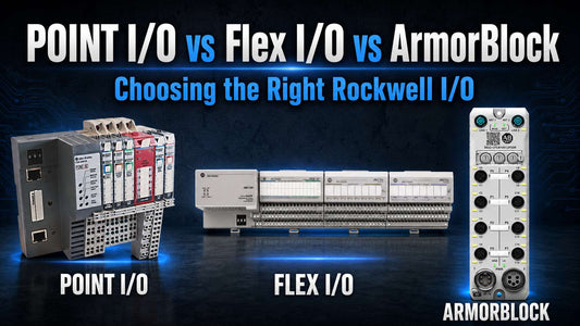 Allen-Bradley POINT I/O 1734, FLEX I/O 1794, and ArmorBlock I/O modules side by side for Rockwell distributed I/O comparison