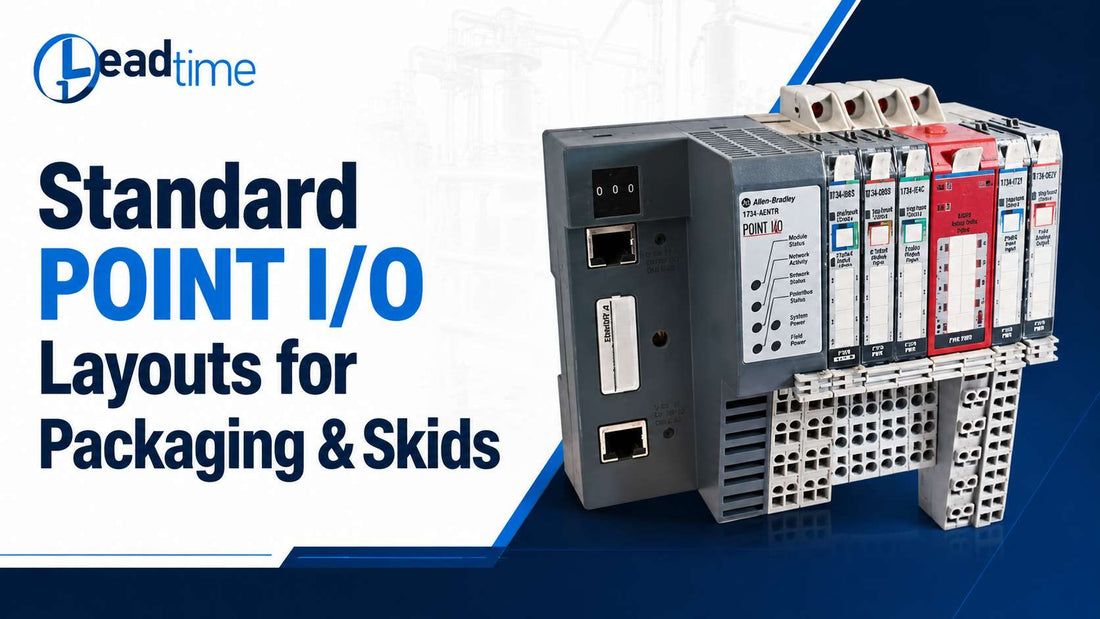Allen-Bradley 1734 POINT I/O modules assembled on DIN rail for packaging machine and process skid distributed I/O layout