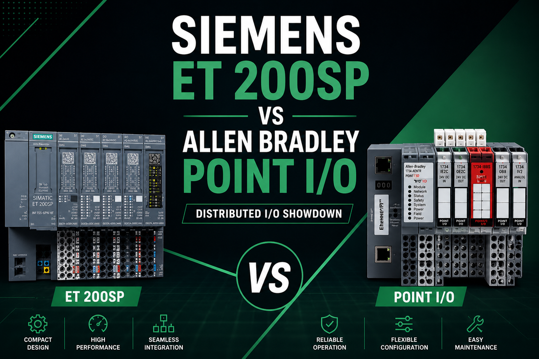 Siemens SIMATIC ET 200SP distributed I/O system and Allen-Bradley POINT I/O 1734 modules side by side for platform comparison