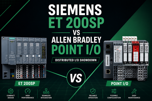 Siemens SIMATIC ET 200SP distributed I/O system and Allen-Bradley POINT I/O 1734 modules side by side for platform comparison