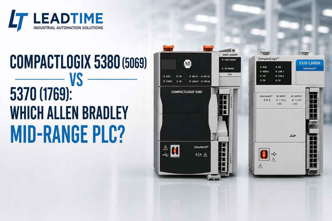 Allen-Bradley CompactLogix 5380 and 5370 controllers side by side showing 5069 and 1769 I/O backplanes for mid-range PLC comparison