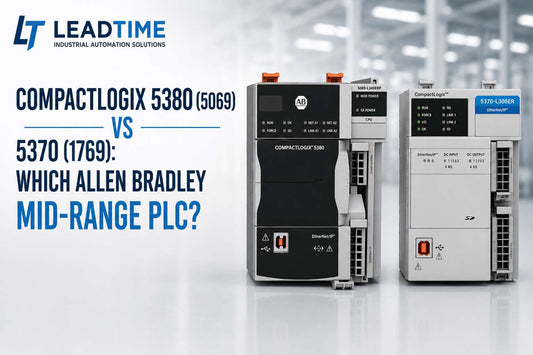 Allen-Bradley CompactLogix 5380 and 5370 controllers side by side showing 5069 and 1769 I/O backplanes for mid-range PLC comparison