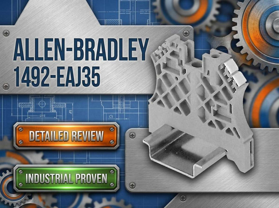 Allen-Bradley 1492-EAJ35 terminal block end anchor mounted on 35 mm DIN rail in industrial control panel