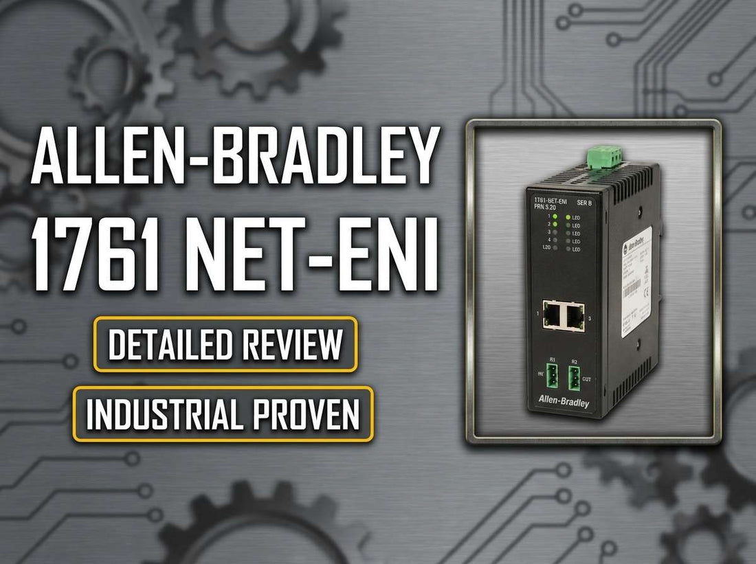 Allen-Bradley 1761-NET-ENI MicroLogix and SLC Ethernet interface module mounted on DIN-rail in industrial control panel