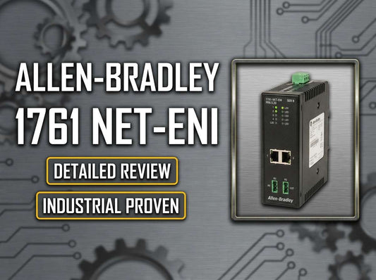 Allen-Bradley 1761-NET-ENI MicroLogix and SLC Ethernet interface module mounted on DIN-rail in industrial control panel