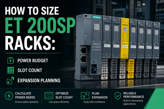 Siemens SIMATIC ET 200SP distributed I/O station on DIN rail showing interface module, base units, and I/O modules in a control cabinet