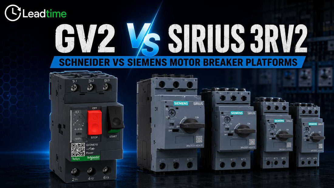 Schneider TeSys GV2 and Siemens SIRIUS 3RV2 motor protection circuit breakers side by side for industrial panel comparison