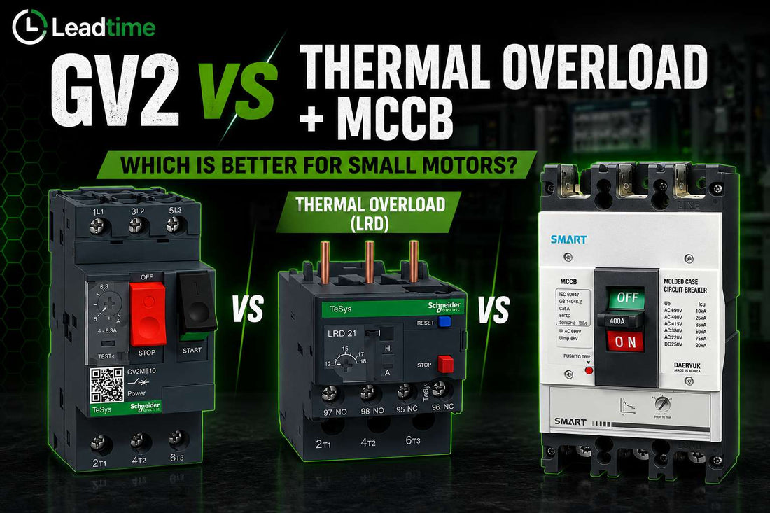 Schneider Electric TeSys GV2 motor protection circuit breaker compared to MCCB and thermal overload relay starter components for small three-phase motors