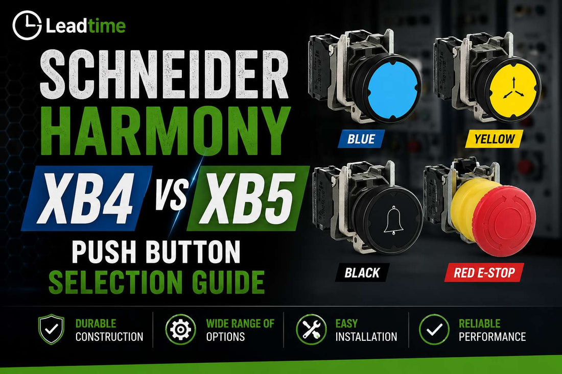 Schneider Harmony XB4 metal and XB5 plastic 22 mm push button operators side by side for industrial panel comparison