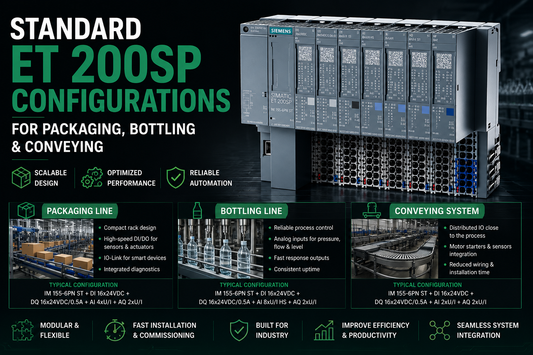 Siemens SIMATIC ET 200SP Distributed I/O station configured for packaging and conveying line control
