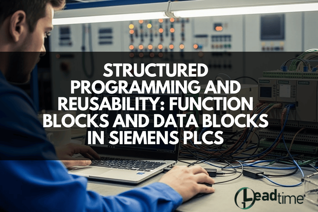 Siemens PLC TIA Portal interface showing function block and data block configuration for structured automation programming