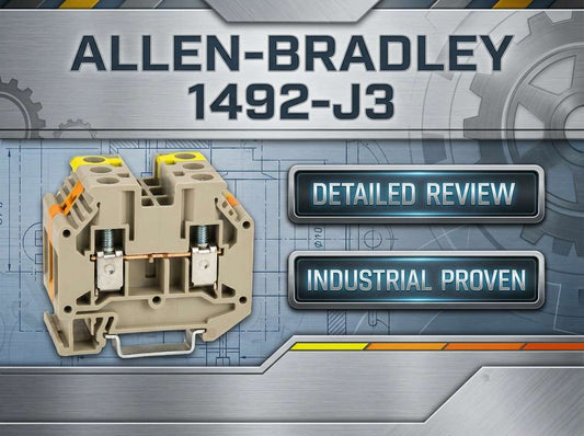 Allen-Bradley 1492-J3 grey IEC feed-through terminal block on 35 mm DIN rail in industrial control panel
