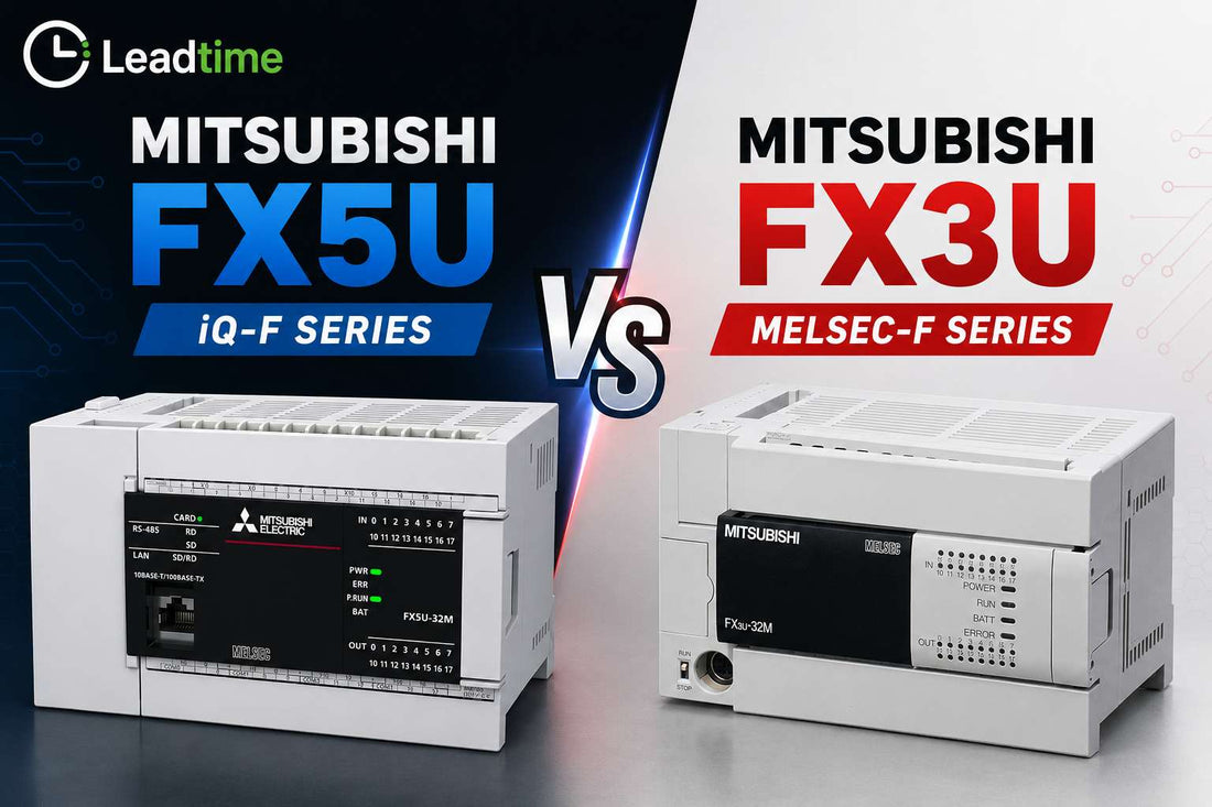 Mitsubishi FX5U MELSEC iQ-F and FX3U MELSEC-F compact PLCs side by side for generation comparison