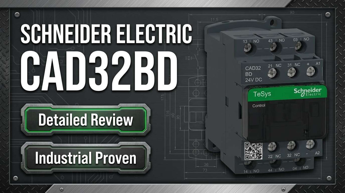 Schneider Electric CAD32BD TeSys Deca 3NO 2NC 24VDC control relay mounted on DIN rail in industrial control panel