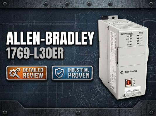 Allen-Bradley 1769-L30ER CompactLogix 5370 L3 controller with dual Ethernet ports mounted on DIN rail in industrial control panel
