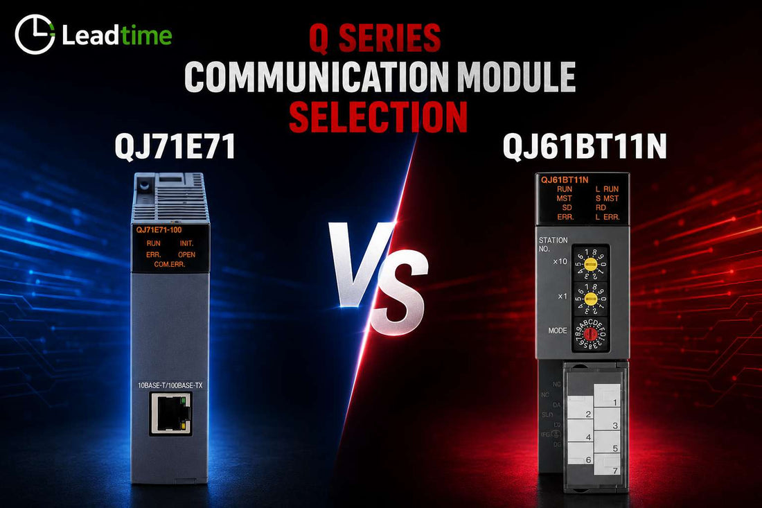 Mitsubishi Electric QJ71E71 Ethernet module and QJ61BT11N CC-Link module installed in MELSEC-Q base unit rack