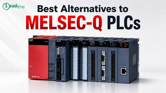 Mitsubishi MELSEC-Q Series modular PLC rack shown alongside alternative controller platforms for industrial automation upgrade planning