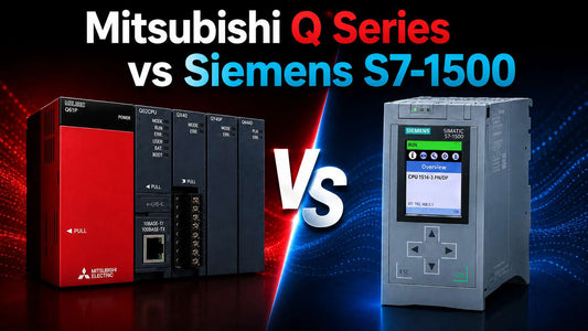 Mitsubishi MELSEC-Q Series QCPU and Siemens SIMATIC S7-1500 CPU modules side by side for industrial PLC platform comparison