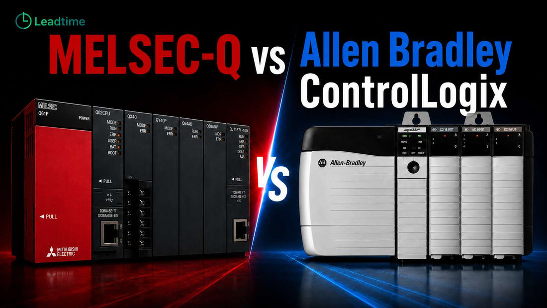 Mitsubishi MELSEC-Q Series and Allen-Bradley ControlLogix rack-based PLC platforms side by side for industrial automation comparison