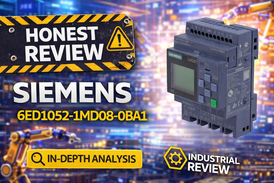 Siemens 6ED1052-1MD08-0BA1 LOGO! 12/24RCE logic module with display mounted on 35mm DIN rail for industrial automation